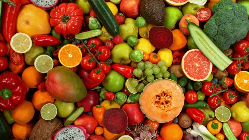 Camera Move, Different Types of Fresh Fruit and Vegetables on a Pile , Close-up