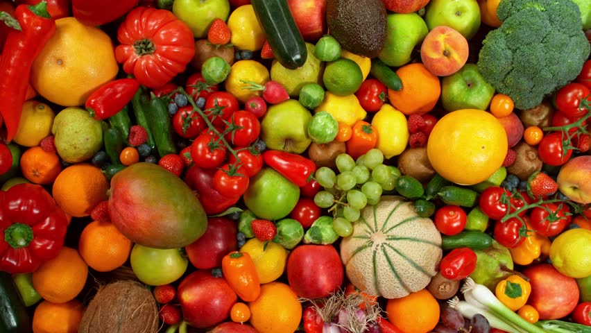 Camera Move, Different Types of Fresh Fruit and Vegetables on a Pile , Close-up