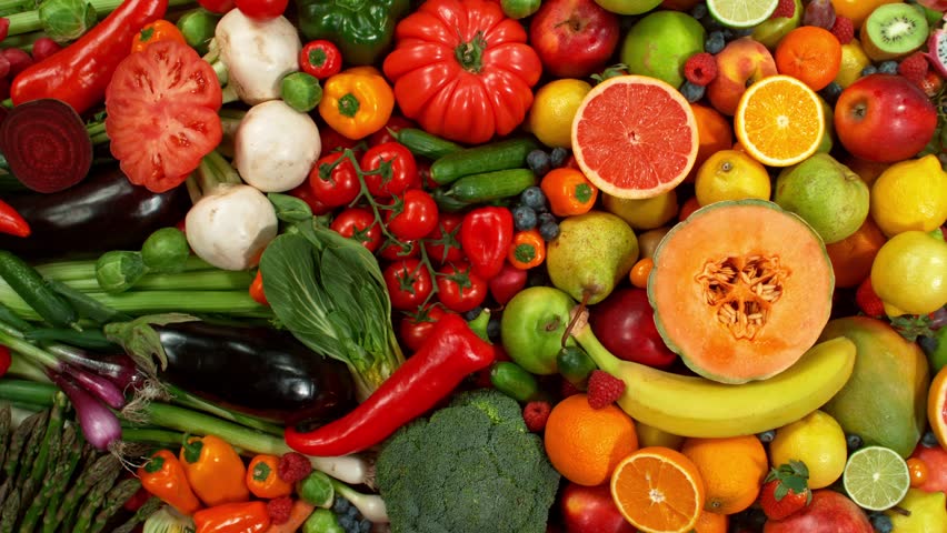 Camera Move, Different Types of Fresh Fruit and Vegetables on a Pile , Close-up