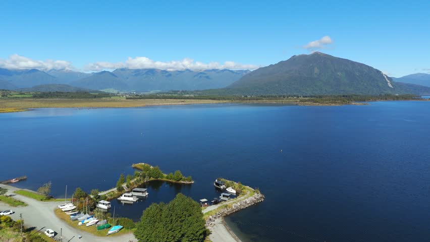Overhead drone shot, Lake Brunner and Southern Alps, New Zealand