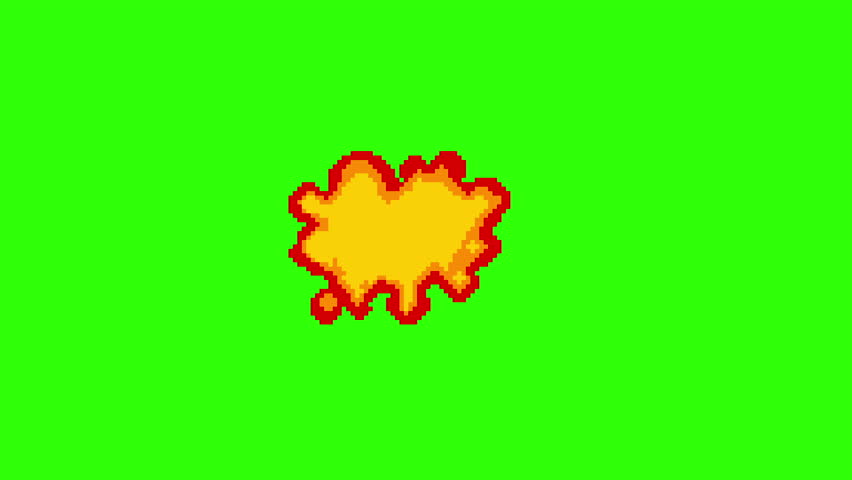 Pixel art videogame sprite fantasy fire explosion, retro game boom animation in red yellow warm flame colors and black color on green screen. Pixel art explosion. Boom explosions.	