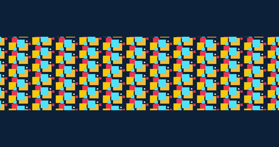 A seamless pattern of overlapping squares in bright, contrasting colors (red, orange, yellow, blue) on a dark navy background