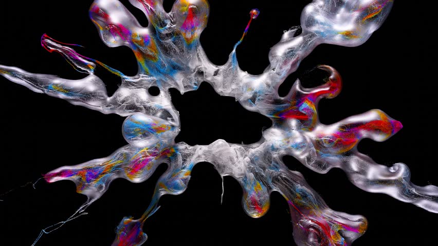 3d render of abstract art video animation of color splash smoke explosion in liquid plastic material based on small granular balls spheres dust particles inside in red yellow blue color on black back