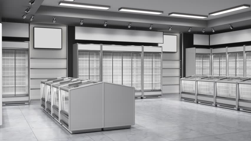 Shop interior with commercial refrigerators and showcase refrigerators, white niches with shelves and lightbox, hanging banners. Sliding movement. 3d animation