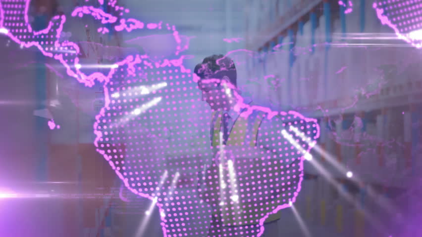 Warehouse associate scanning barcodes when globe overlay pulsing for inventory tracking. Logistics, supply chain, technology, automation, industrial, data analysis, productivity - Powered by Shutterstock - Get 15% off with code: PIKWIZARD15