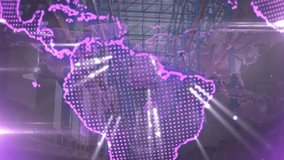 Purple dotted globe fading in and rotating in warehouse aisle emitting beams visualizing network. Technology, logistics, supply chain, connectivity, data visualization, industrial, innovation - Powered by Shutterstock - Get 15% off with code: PIKWIZARD15