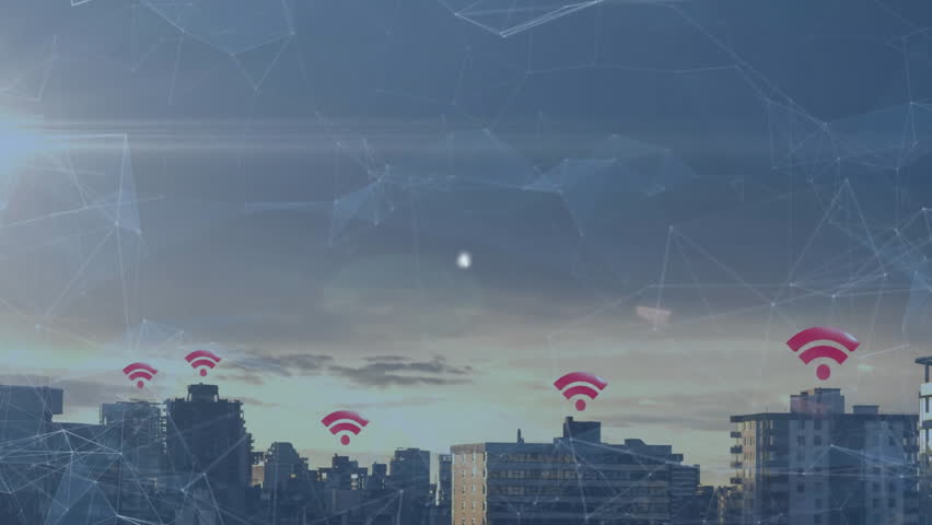 Dusk skyline starting user icon linking wifi nodes and groups growing net showing connectivity. Technology, connectivity, digital, communication, networking, urban, modern