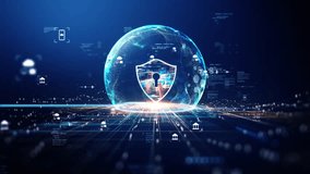 Cyber ​​security concept. Digital glowing shield inside hexagonal patterned sphere in the form of an energy field on a blue background. Symbol of cyber security and financial data protection. - Powered by Shutterstock - Get 15% off with code: PIKWIZARD15