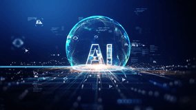 Futuristic digital concept of artificial intelligence with glowing AI text, data network, big data, and chatbot technology on blue technology background. Perfect for tech and innovation themes. - Powered by Shutterstock - Get 15% off with code: PIKWIZARD15