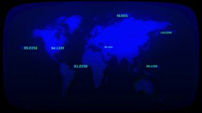 Stock market display starting with blue map and yellow line showing tickers rising then stabilizing. Financial data, technology, modern, investment, analytics, digital, business - Powered by Shutterstock - Get 15% off with code: PIKWIZARD15