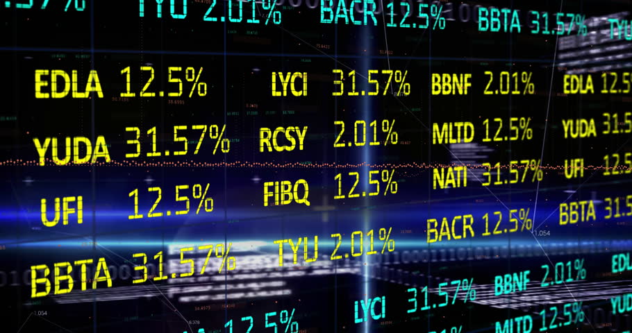 Opening yellow tickers shifting percentages while swinging scrolling lines showing market trends. Financial data, digital interface, market analytics, information technology, dynamic visualization,