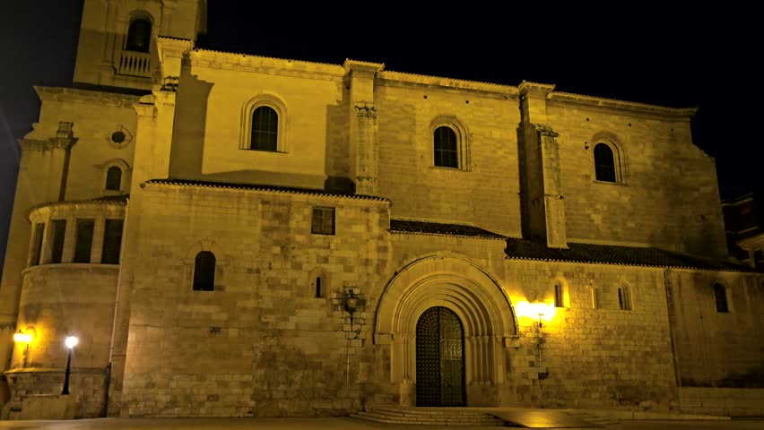 Museum of Cutlery in Albacete, Spain, Illuminated at Night – Historic Knife Museum with Elegant Lighting and Nighttime Ambience, 4K