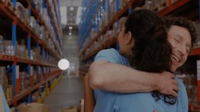 Volunteers hugging in logistics hub creating floating net of phone music note emoticons conversing. Collaboration, connection, teamwork, technology, communication, industrial, innovation - Powered by Shutterstock - Get 15% off with code: PIKWIZARD15