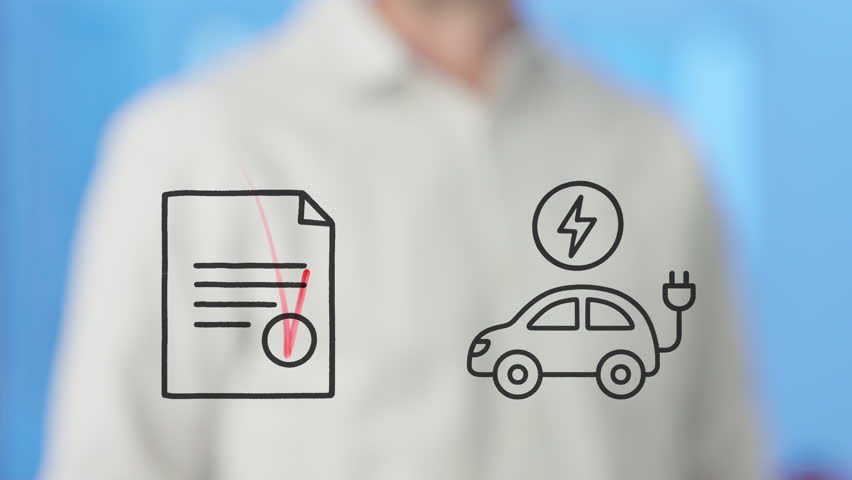 Professional businessman validating electric car purchase agreement on transparent board, representing automotive technology and sustainable mobility innovation