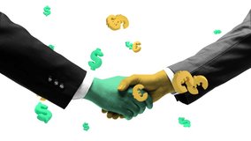 Stop motion, animation. Colorful currency symbols around firm handshake, representing global investments, profitable partnerships, economic success. Concept of business, financial deal, acquisition. - Powered by Shutterstock - Get 15% off with code: PIKWIZARD15
