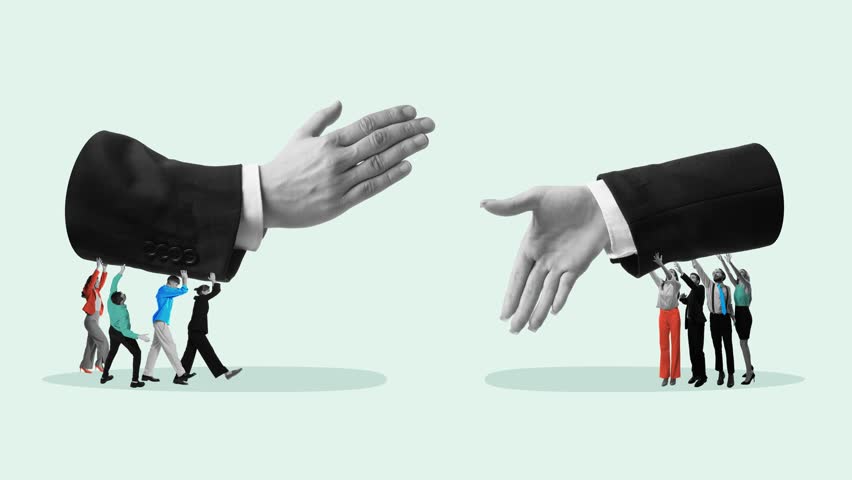 Stop motion, animation. Business people supporting handshake, emphasizing teamwork, negotiation, and collaboration. Metaphor for cooperation, strategic alliances Concept of business and partnership.