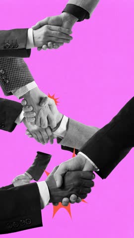 Stop motion, animation. Conceptual design. Multiple handshakes forming chain reaction. Successful cooperation, strong relationships, teamwork. Concept of business, agreements and communication