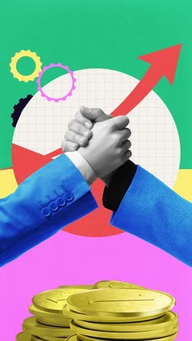 Stop motion, animation. Firm handshake surrounded by financial elements, coins and upward arrow. Economic success, investments, partnership. Concept of business, profit, corporate finance, career