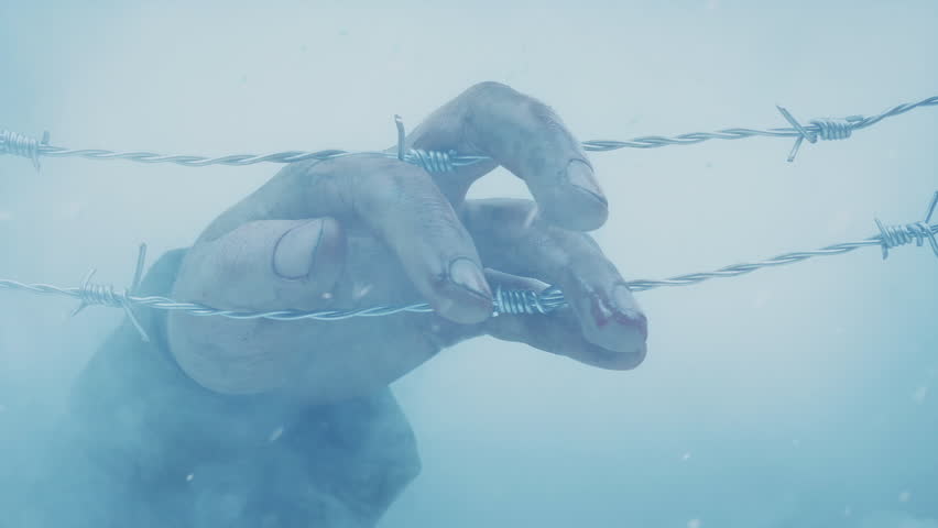 Soldier's Hand Caught On Wire In Snowfall
