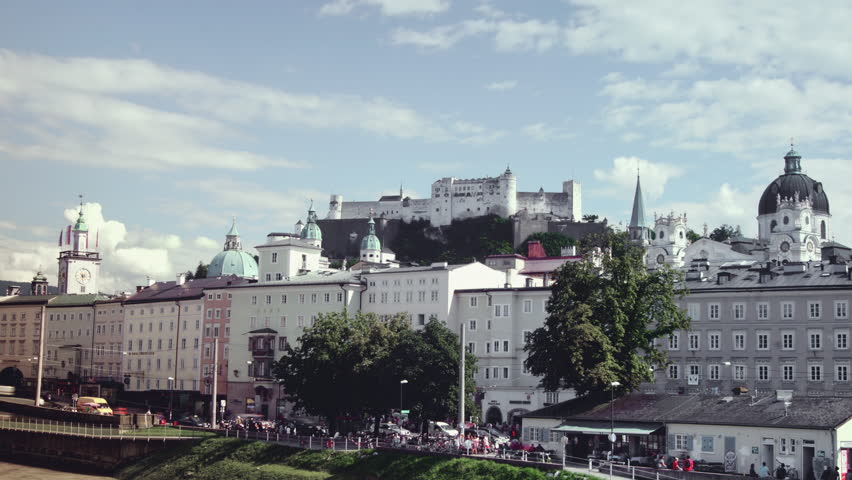 Cityscape of the city of Salzburg in Austria with main attactions, time lapse