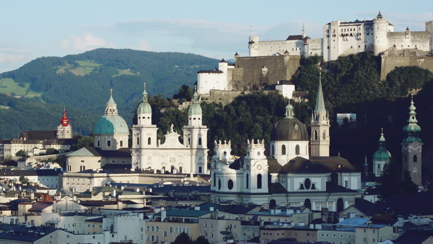 Cityscape of the city of Salzburg in Austria with main attactions, time lapse