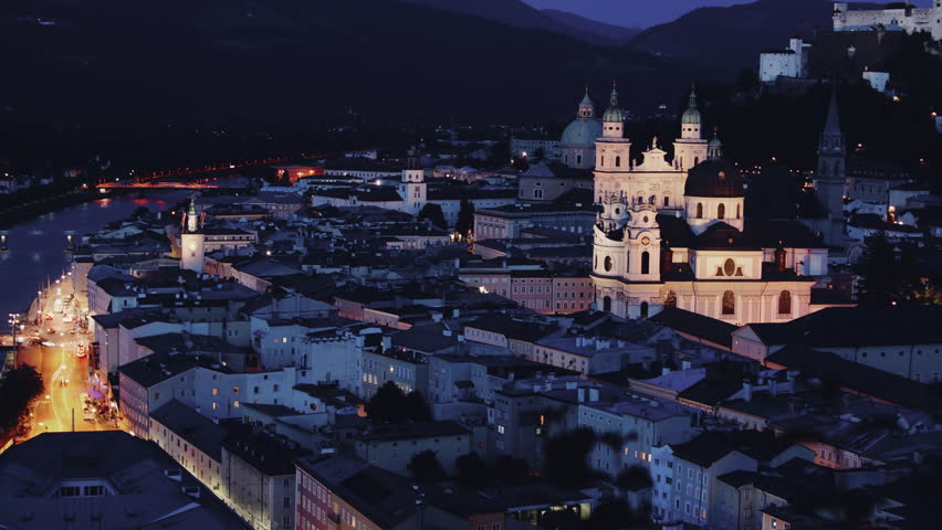 Cityscape of the city of Salzburg in Austria with main attactions, time lapse