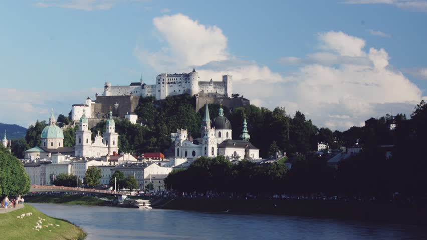 Cityscape of the city of Salzburg in Austria with main attactions, time lapse