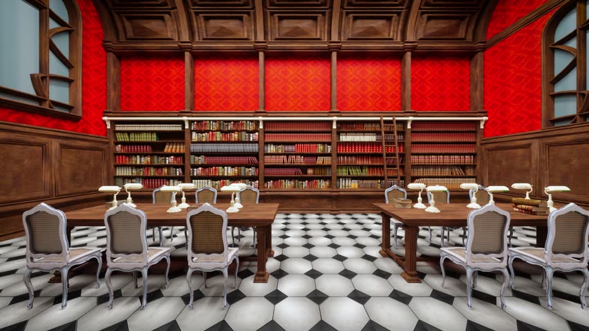 view of bookshelves in an old library, 3d animation