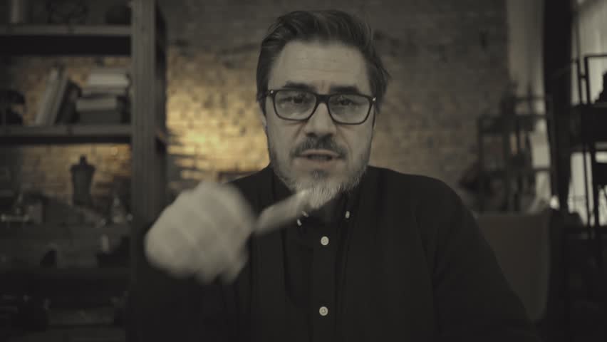 Teacher teaching online from home. Man talking on conference call. Tutor explaining in webinar. E learning online class, lesson, training course.