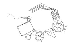 Animated self drawing of continuous line drawing various work or study equipment is made into circle. Needs that make work easier. Regularity. World Stationery Day. Full length single line animation - Powered by Shutterstock - Get 15% off with code: PIKWIZARD15