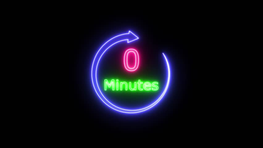 5 minutes countdown timer animation, 5-0 counting up minutes neon number
