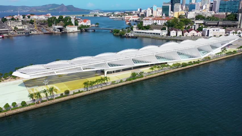 Tomorrow Museum In Rio De Janeiro Brazil. Aerial View Of Rooftop Skyscraper In Landmark Downtown. Shore Sky Clouds Beach Sea. Shore Seaside Panorama. Rio de Janeiro Brazil.