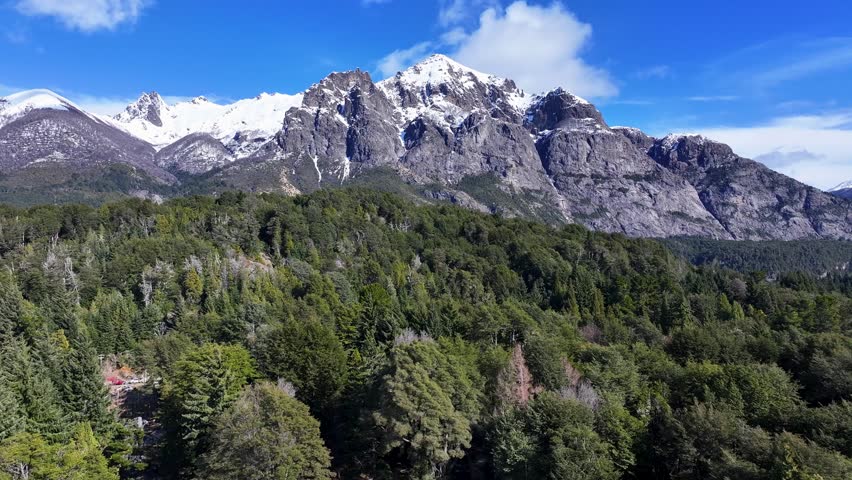 Bariloche Skyline In San Carlos De Bariloche Rio Negro Argentina. Breathtaking Landscape Of Forest Trees In The Rural Scene. Snowflakes Tourism Expedition Snow Capped. Expedition Lakeshore Outdoor.