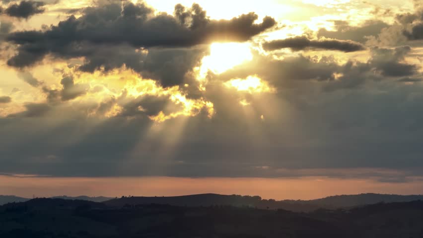 Rays Of Sun In Sunset Landscape Mountains Brazil. Amazing Countryside Scenery Near Farm And Forest Trees. Sunset Outdoor Country Beautiful. Rural Background Forest Spring. Sunset Landscape Mountains.