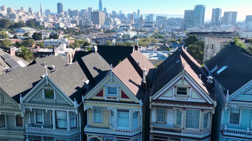 Victorian Houses In San Francisco California United States. Aerial View Of Lush Green Park And Surrounding Buildings. Construction Skyline Panoramic City View Stunning.