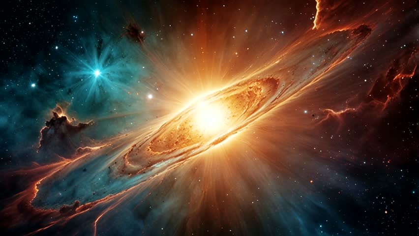 a stunning cosmic sight, dominated by a bright galactic core with spirals of light radiating outward.