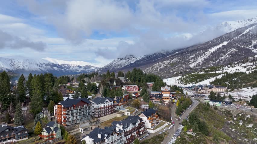 Patagonia Skyline In San Carlos De Bariloche Rio Negro Argentina. Captivating Aerial View Of Plantations Forming Geometric Patterns. Snowing Day Lake Glacial Landscape Blizzard.