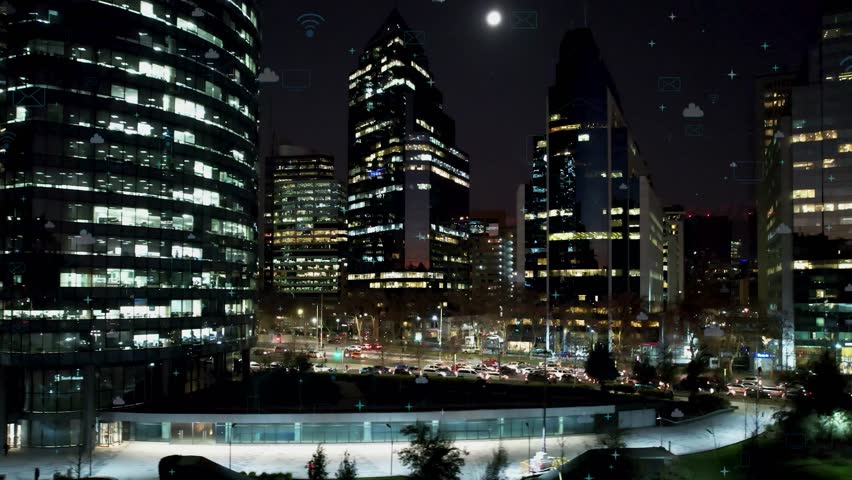 Office Buildings In Santiago Tech Chile. Futuristic Effect Applied Over Famous City Of A World. Building Construction Skyline Skyscrapers Beautiful. Skyscrapers Corporate Night. Santiago Tech. - Powered by Shutterstock - Get 15% off with code: PIKWIZARD15
