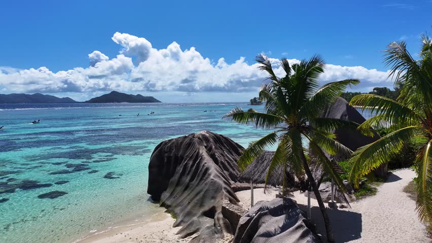Seychelles Skyline In La Digue Island Victoria Seychelles. Stunning Tropical Coastline Beach Scene Viewed From Above. Coast Clouds Seaside Summertime. International Seaside Panorama.