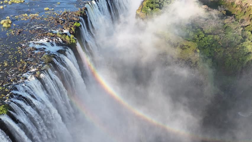Rainbow In Waterfall In Victoria Falls Matabeleland North Zimbabwe. Experience The Majestic Flow Of Waterfalls With Lush Greenery. Leisure Falls Water Falls Beautiful Day.