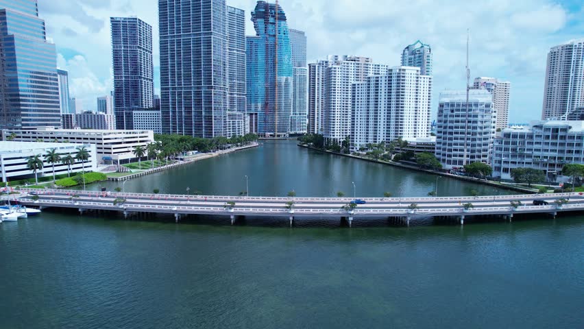 Miami Skyline In Miami Florida United States. Bird Eye View Of A Amazing Coastal Beach In The Summer Holiday. Business Sky Clouds Downtown Cityscape. Backgrounds Panoramic. Miami Florida.
