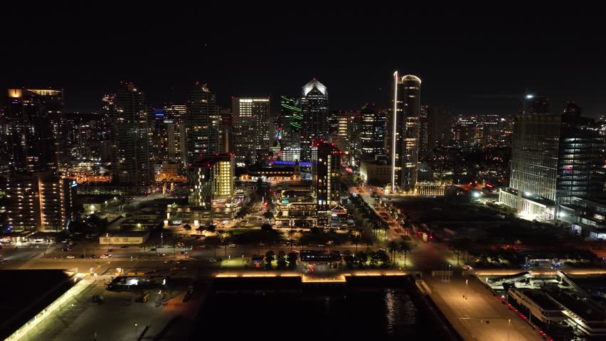 San Diego Skyline In San Diego California United States. Aerial View Of A High-Rise Buildings And Traffic Showcasing Urban Life. Night Avenue Downtown Cityscape. Night Exterior Downtown.