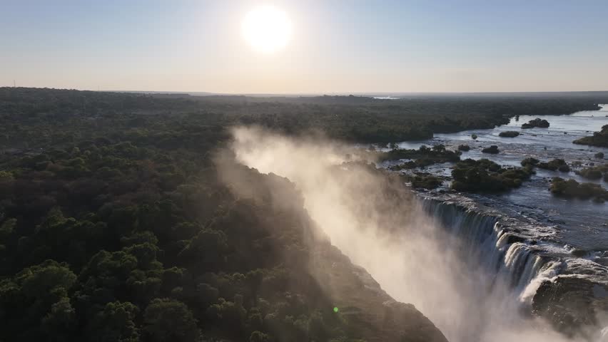 Victoria Falls In Livingstone Northern Rhodesia Zambia. Breathtaking Aerial Footage Of Waterfalls As Natural Wonder. Leisure Falls Water Falls Beautiful Day. Leisure Canyon.