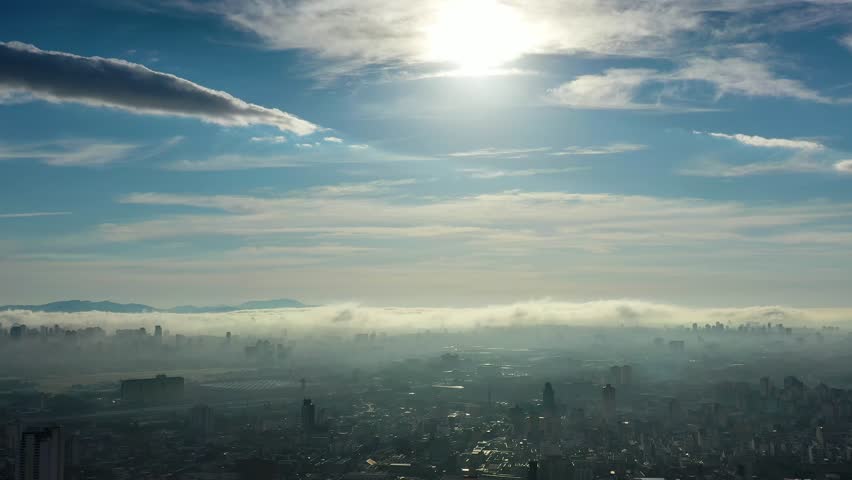Fog Morning In Sao Paulo Brazil. Sun Shining Over Fog With Wonderful Scenery In Background. Industrial Landscape Buildings Stunning. Urban Buildings Town. Sao Paulo Brazil.