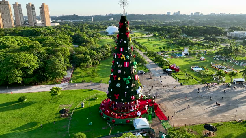 Christmas Tree In Candido Portinari Park Sao Paulo Brazil. Aerial View Of Christimas Tree And Ornaments To Happy Holidays. Town Sky Background Backgrounds Urban. Town Famous.