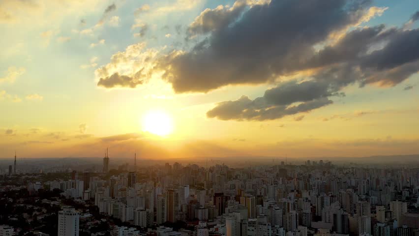 Sunset Sao Paulo Skyline In Sao Paulo Brazil. Aerial View Of A High-Rise Buildings And Traffic Showcasing Urban Life. Building Industry Skyline High Rise Building Amazing.