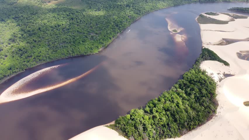 Scenic River In Lencois Maranhenses Maranhao Brazil. Tropical River With A Scenic Forest Trees Viewed From Above. Island Life Landscape Idyllic Beautiful. Island Life Water Edge Coast.