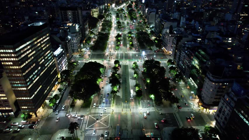 9Th Of July Avenue In Buenos Aires Argentina. Highway Interchange Crossing City With Traffic Jam. Building Industrial Skyline Commercial Building Stunning. Industrial Commercial Building Night.