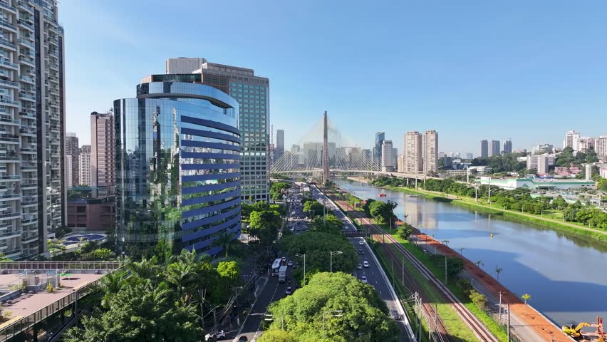 Highway Road In Cityscape Sao Paulo Brazil. Breathtaking Aerial View Of Time Lapse Drone Footage. Metropole Landscape Company Building Stunning. Company Building. Cityscape Sao Paulo.