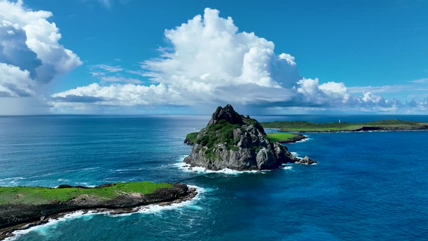 Rock Island In Fernando De Noronha Pernambuco Brazil. Stunning Tropical Coastline Beach Scene Viewed From Above. Coast Sky Seaside Summertime. Coast Outside Travel. Fernando de Noronha Pernambuco.